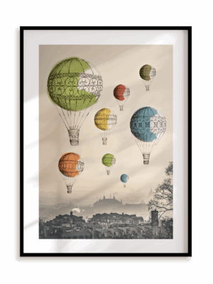 Plakat Balony nad miastem w ramie aluminiowej