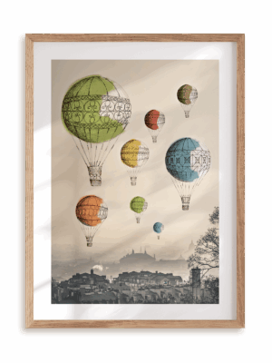 Plakat Balony nad miastem w ramie drewnianej