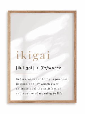Plakat Ikigai w ramie drewnianej