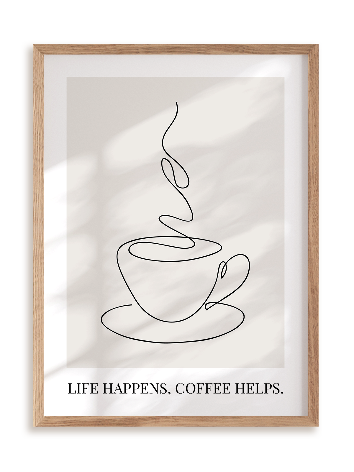 Plakat Life happens, coffee helps w ramie drewnianej