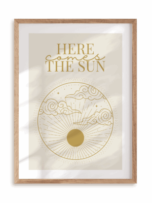 Plakat Here comes the sun w ramie drewnianej
