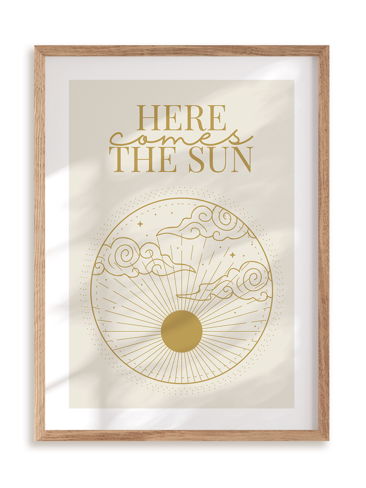 Plakat Here comes the sun w ramie drewnianej