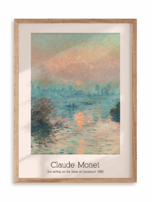 Plakat Claude Monet - Sun setting on the Seine at Lavacourt (1880) w ramie drewnianej